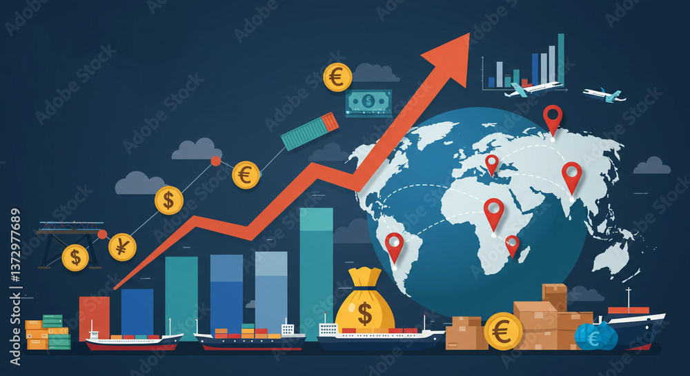 Fototapeta premium Global trade flourishing, a vibrant upward trend showcasing international commerce and economic growth with a bold graphic style.