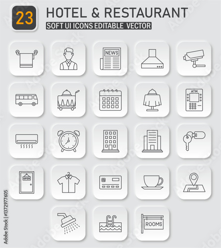 Neumorphic Style Vector Icons for Hotel and Restaurant Services on Light Gray
