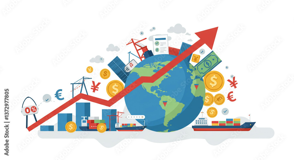 Obraz premium Global economic growth visualized as a vibrant upward trend encompassing international trade, finance, and technology, depicted with a bright red arrow soaring over a detailed earth graphic.