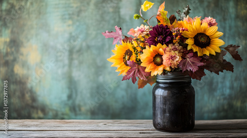 Wallpaper Mural An elegant fall flower arrangement with sunflowers, dahlias, and maple leaves, displayed in a vintage mason jar on a rustic wooden table. Torontodigital.ca