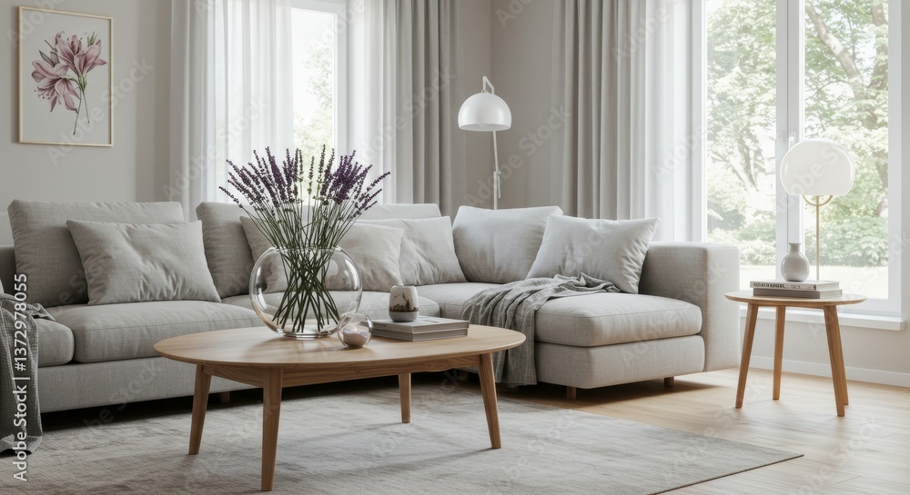 Fototapeta premium A Scandinavian-style living room interior, featuring a minimalistic wooden coffee table with a large round glass bowl filled with lavender sprigs, surrounded by a cozy couch with light gray upholstery
