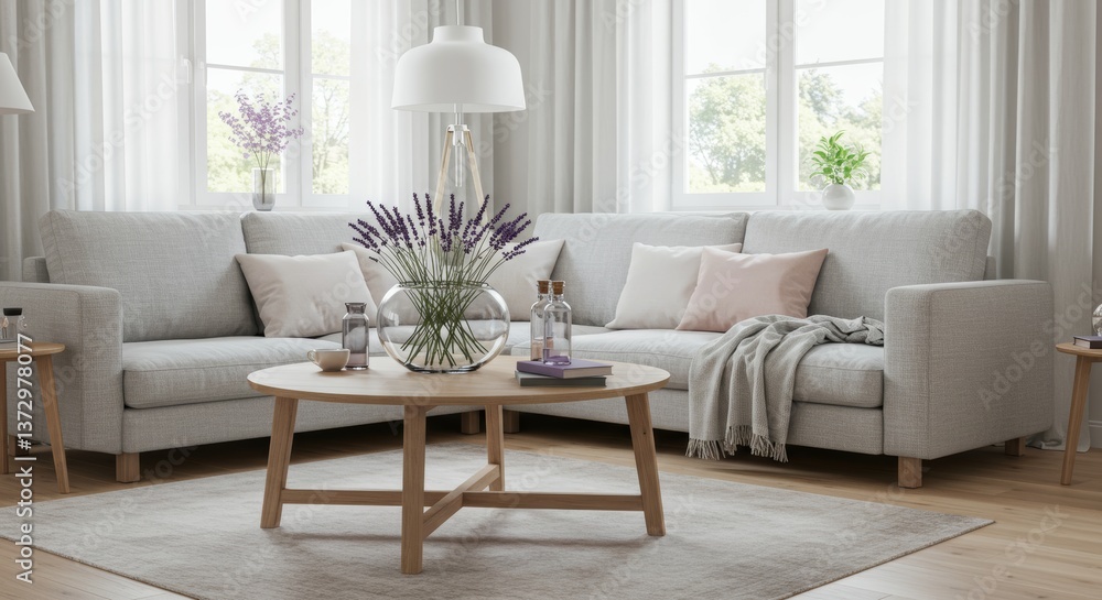 Fototapeta premium A Scandinavian-style living room interior, featuring a minimalistic wooden coffee table with a large round glass bowl filled with lavender sprigs, surrounded by a cozy couch with light gray upholstery