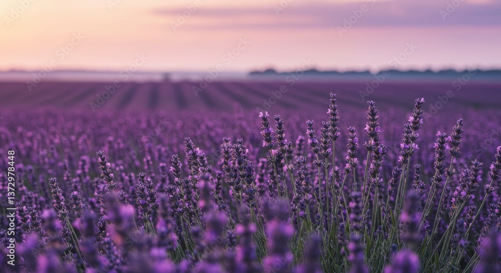 Naklejka premium A lavender field in full bloom at sunset. The foreground is filled with tall stems of lavender with purple flowers, while the background shows rows of plants stretching to the horizon.