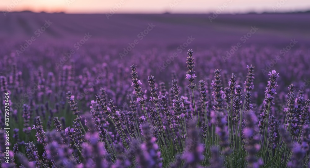 Naklejka premium A lavender field in full bloom at sunset. The foreground is filled with tall stems of lavender with purple flowers, while the background shows rows of plants stretching to the horizon.