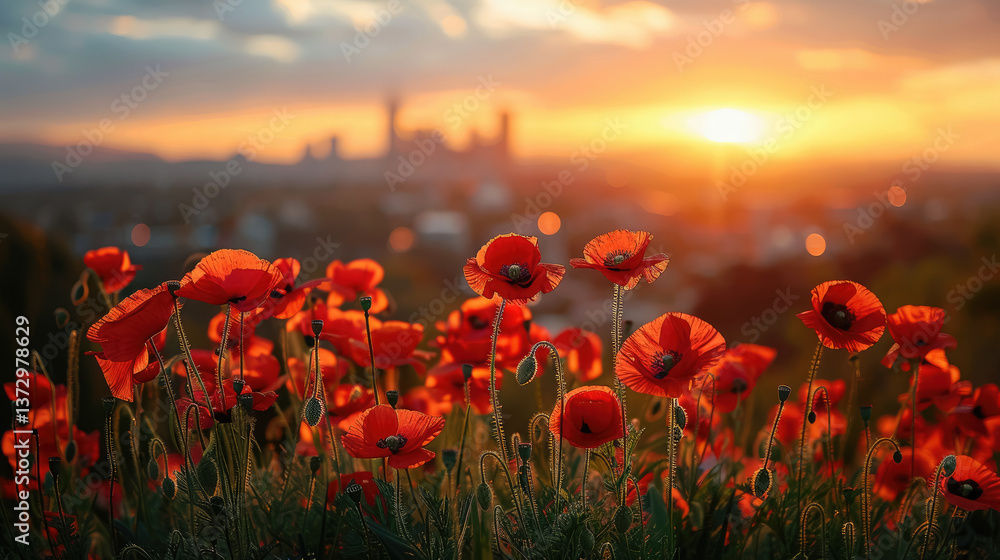 red poppies with Sydney in the background, Anzac Day, poppy field, National Day of Remembrance, memory, First World War, April 25, Australian holiday