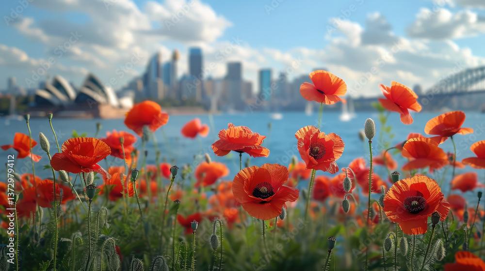 Obraz premium red poppies with Sydney in the background, Anzac Day, poppy field, National Day of Remembrance, memory, First World War, April 25, Australian holiday