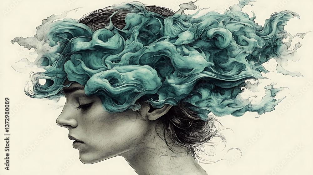 An isolated vector illustration of a peaceful, serene ocean inside a head, symbolizing calmness and tranquility. An isolated vector illustration of a peaceful, serene ocean inside a head, symbolizing calmness and tranquility.