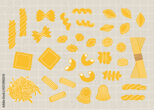Big set of different pasta types. Vector illustration of various Italian macaroni