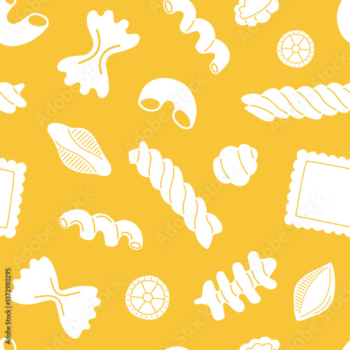 White and yellow seamless pattern with various Italian pasta. Vector food pattern with traditional macaroni.