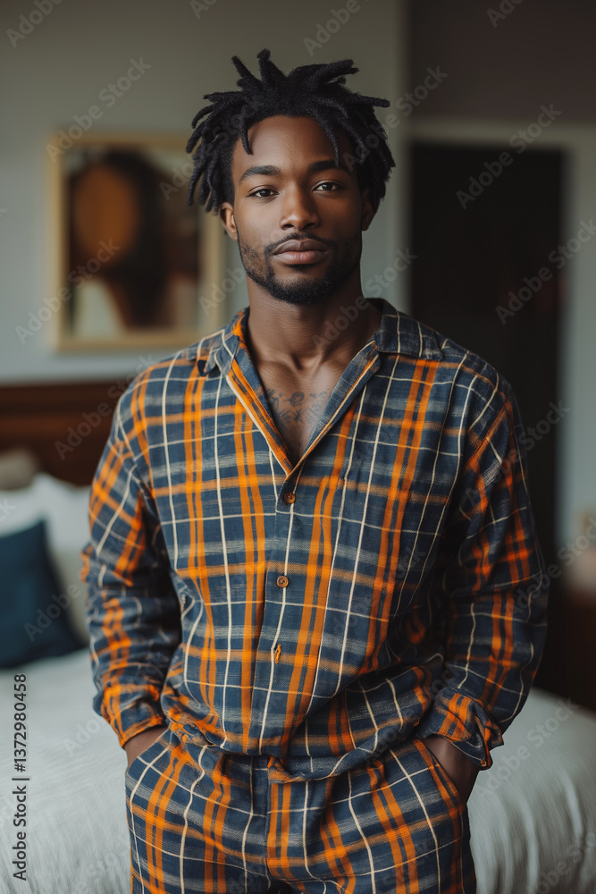 Fototapeta premium Man in plaid pajamas with hands in pockets in room with bed and art. Modern, comfortable sleepwear.
