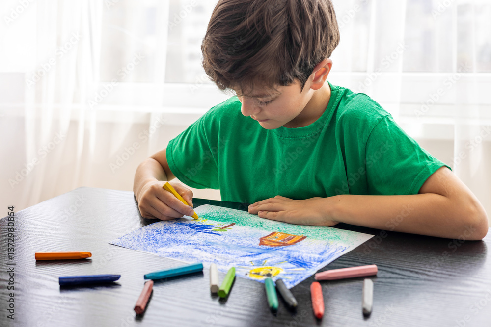Focused Child in Green T-shirt Drawing with Crayons - Art Therapy for Autism, ADHD, and Digital Detox Concept. boy drawing with colorful pastels. Focused Child in Green T-shirt Drawing with Crayons - Art Therapy for Autism, ADHD, and Digital Detox Concept. boy drawing with colorful pastels.