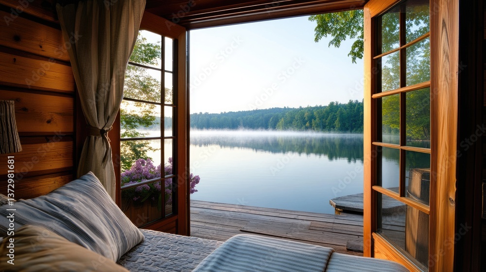 Fototapeta premium Cozy wooden cabin bedroom overlooking serene misty lake at sunrise