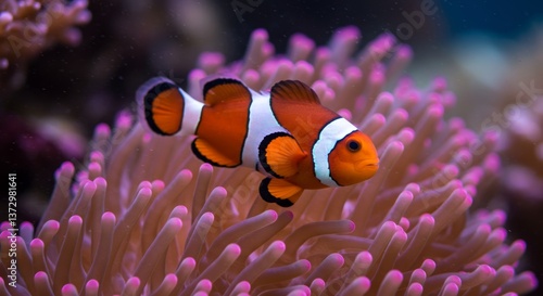 Close up of a clown fish swimming above a bright pink anemone in an aquarium.