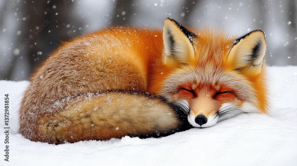 Fototapeta premium Red fox sleeping in the snow during snowfall