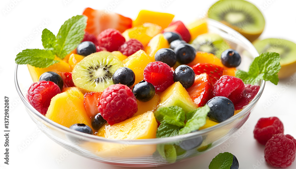 Delicious fruit salad. Fresh ingredients on white background Delicious fruit salad. Fresh ingredients on white background