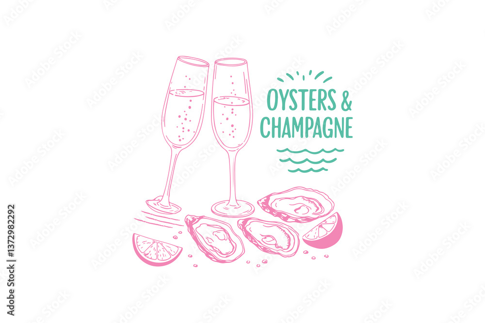 Obraz premium Summer Beach Oyster Champagne Doodle T Shirt Design
