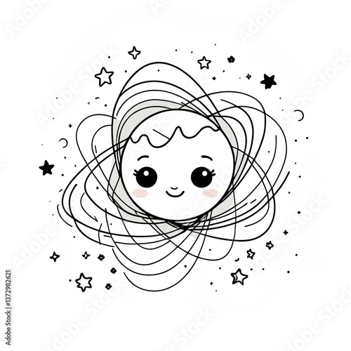 Cosmic sun character cute smiling surrounded by stars against a white background