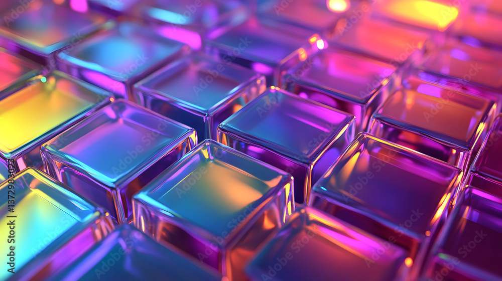 Abstract 3d background wallpaper with glass squares with colorful light emitter iridescent neon holographic gradient. Design visual element for banner header poster or cover. Abstract 3d background wallpaper with glass squares with colorful light emitter iridescent neon holographic gradient. Design visual element for banner header poster or cover.