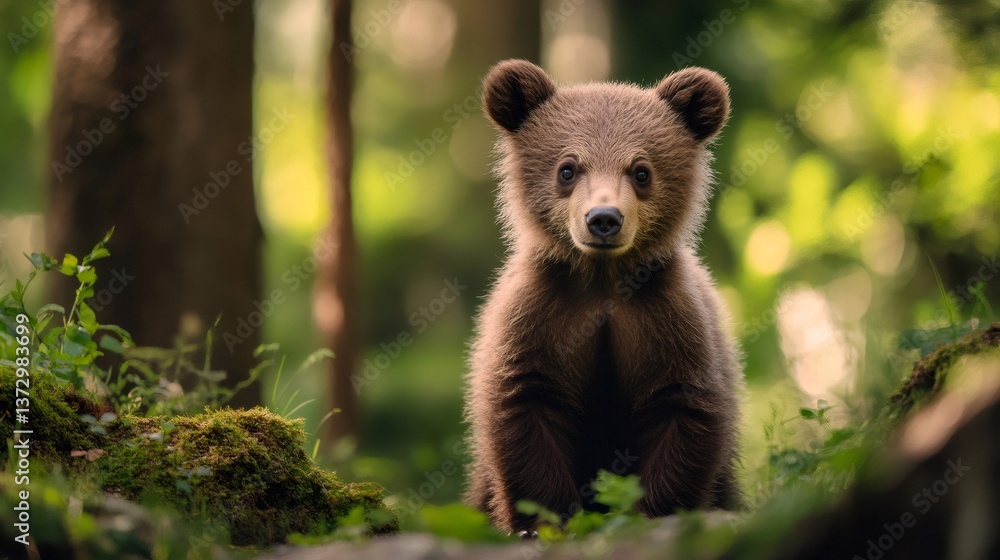 Obraz premium Brown bear cub sitting in the forest