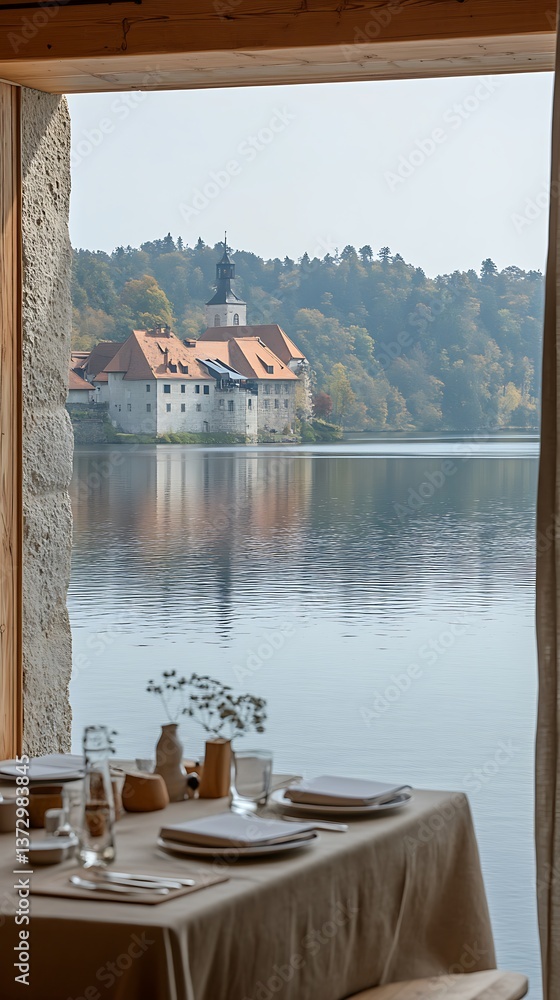 Obraz premium Lake view dining with castle vista.