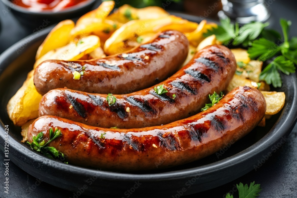 Grilled sausages with fried potatoes and ketchup on a black plate, garnished with parsley Grilled sausages with fried potatoes and ketchup on a black plate, garnished with parsley