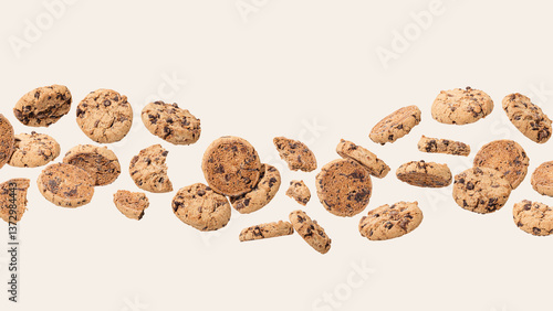 Crispy chocolate chip cookies arranged in a floating composition on a neutral cream background. Perfect for food blogs, recipes, bakery ads, menus, packaging, social media, and more.