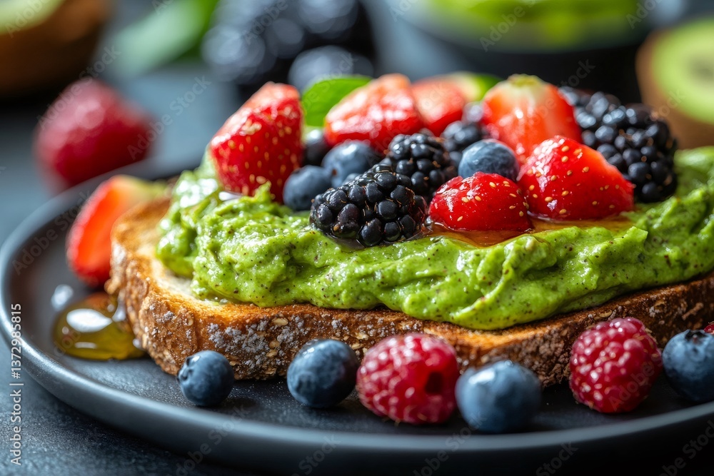 Toasted bread with kiwi cream, berries and honey for healthy breakfast Toasted bread with kiwi cream, berries and honey for healthy breakfast