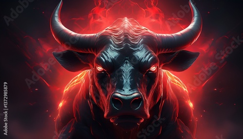 A dramatic fantasy art of a muscular raging bull with a dark background with red neon light; hyper realistic