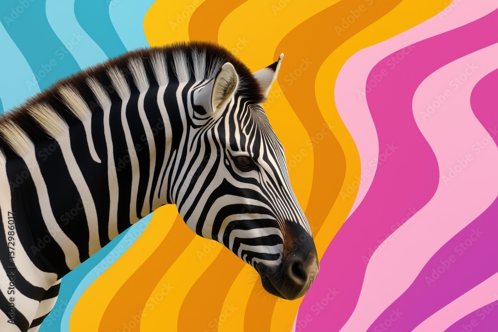 Fototapeta premium A zebra is staring at the camera with a colorful background. The zebra is the main focus of the image, and the colorful background adds a sense of vibrancy and energy to the scene