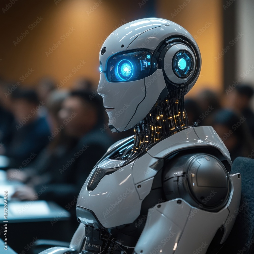 Fototapeta premium Futuristic robot with advanced technology in modern conference setting