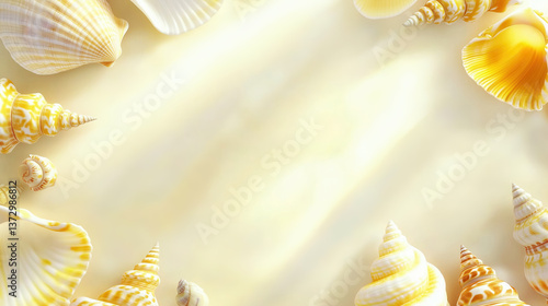 Seashells frame with warm light rays, copy-space in the center, top view, vacation invitation template