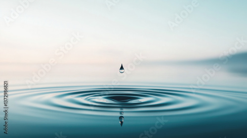 Drop falling into water, creating ripples on calm surface, tranquil scene