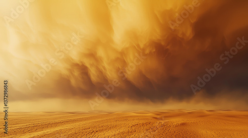 Golden dust cloud sweeps across the dry terrain, powerful sandstorm with turbulent clouds, apocalyptic impending danger