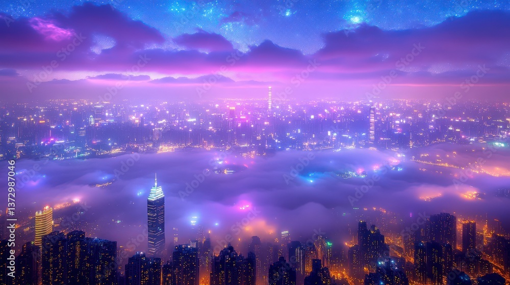 Obraz premium Cityscape shrouded in fog under starry sky
