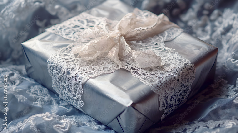 A beautifully wrapped present in silver wrapping paper with a delicate lace ribbon, perfect for an elegant holiday gift exchange. A beautifully wrapped present in silver wrapping paper with a delicate lace ribbon, perfect for an elegant holiday gift exchange.
