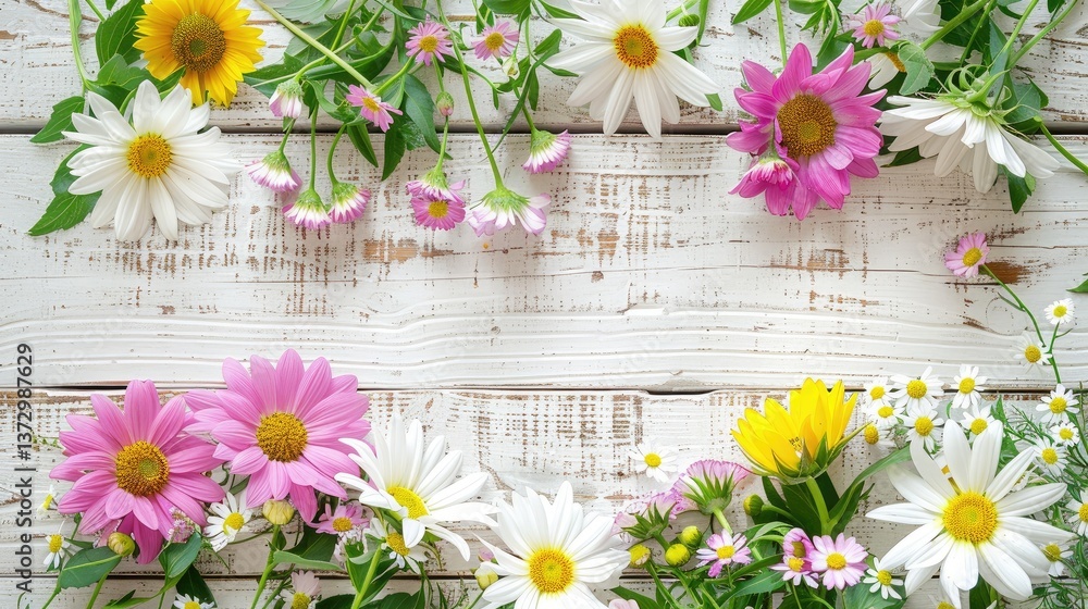 Fototapeta premium White wooden background with small pink and white flowers, sunflowers, wildflowers, and daisies in the corners