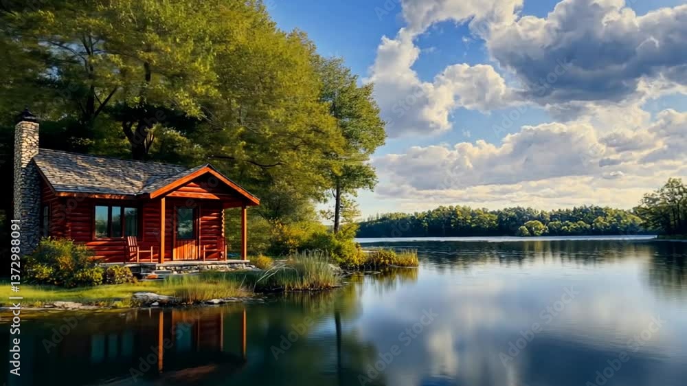 Lakeside cabin reflecting serene summer Lakeside cabin reflecting serene summer