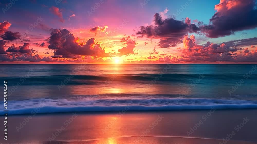 Vibrant sunrise paints the ocean and beach in vivid hues Vibrant sunrise paints the ocean and beach in vivid hues