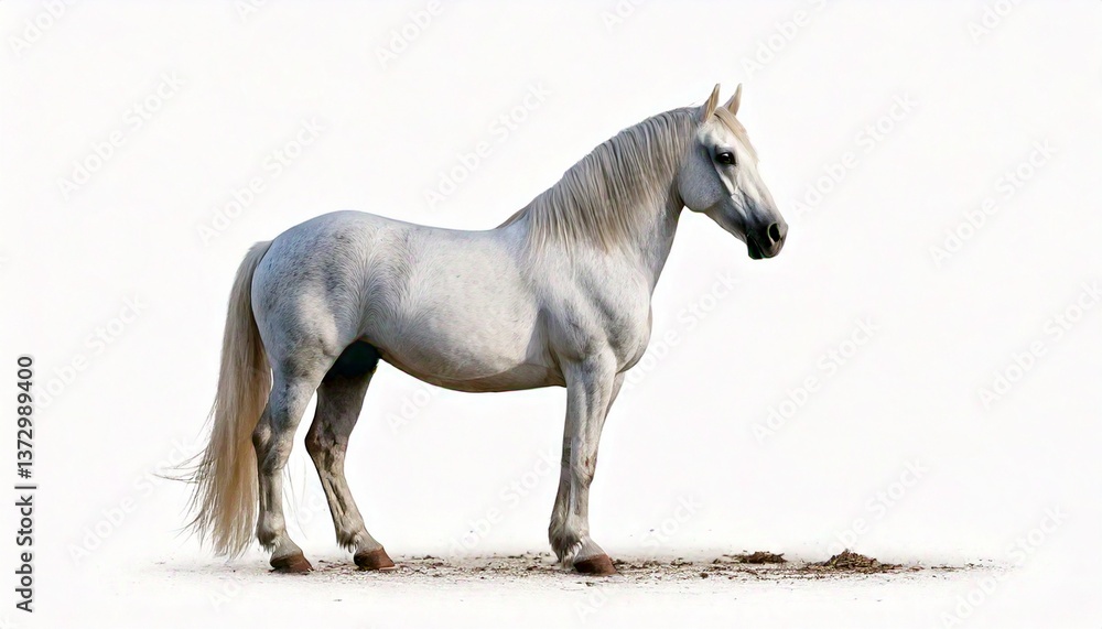 White horse standing in profile, centered on white background White horse standing in profile, centered on white background