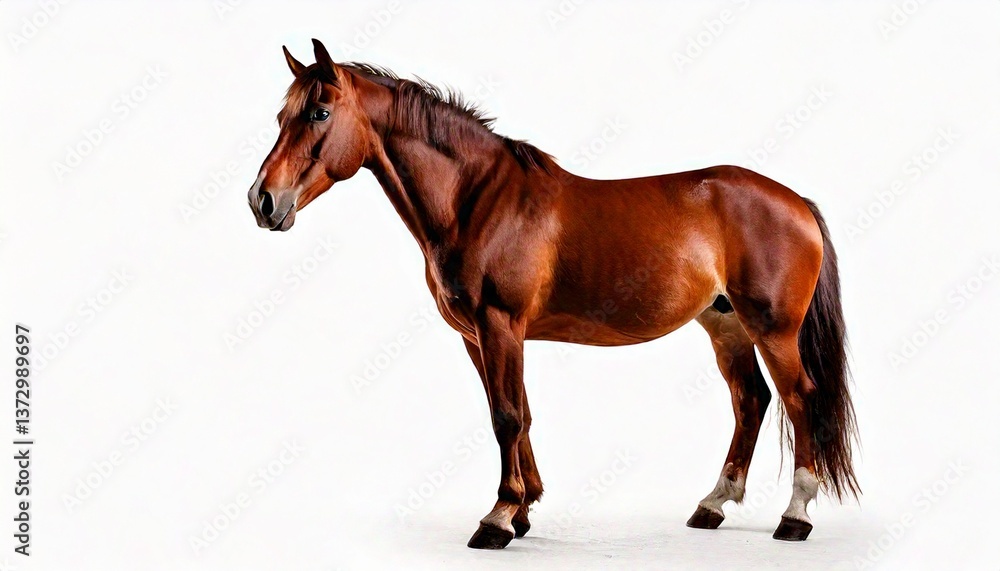 Fototapeta premium Brown horse standing in profile, centered on white background