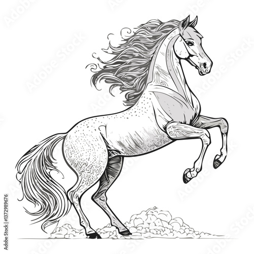 Horse rearing on hind legs, engraving. Black and white image on white background.