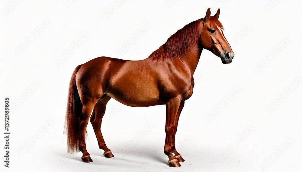 Naklejka premium Brown horse standing in profile, centered on white background