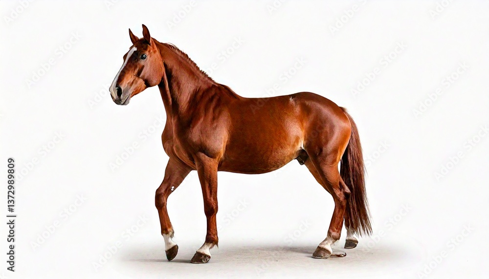 Obraz premium Brown horse standing in profile, centered on white background