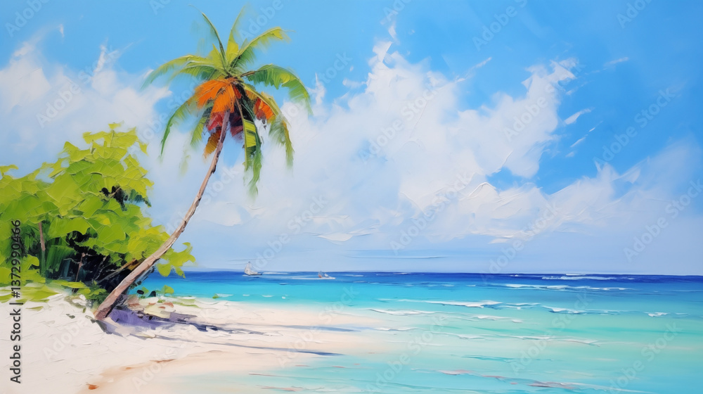 Naklejka premium Vibrant tropical seascape with palm tree and calm blue waters under a clear sky