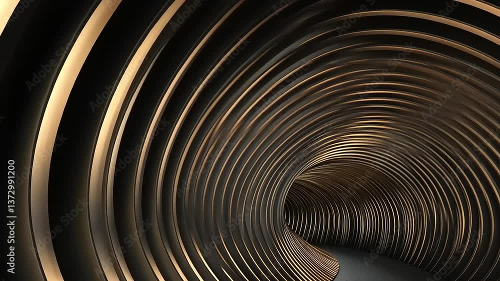 Abstract tunnel with golden spiral patterns leading into a dark space, creating a sense of depth Abstract tunnel with golden spiral patterns leading into a dark space, creating a sense of depth