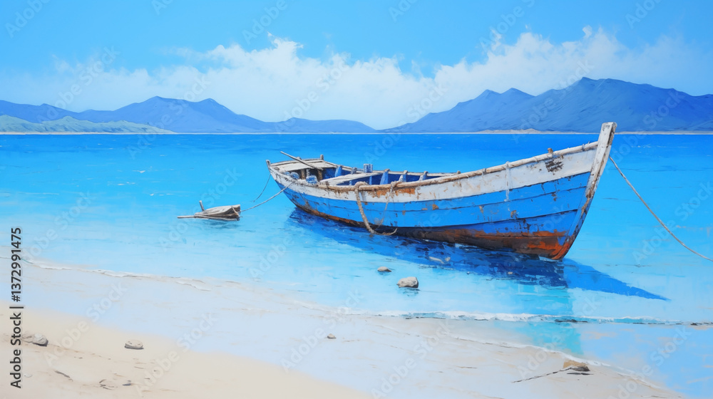 Serene coastal landscape with a rustic boat and tranquil blue waters at midday Serene coastal landscape with a rustic boat and tranquil blue waters at midday