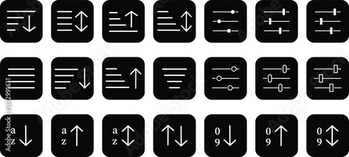 Filter and sort icon set. Sorting, filter control setting vectors isolated on transparent background. Digital Management collection of sorts, order, filter arrange list, editable stroke.