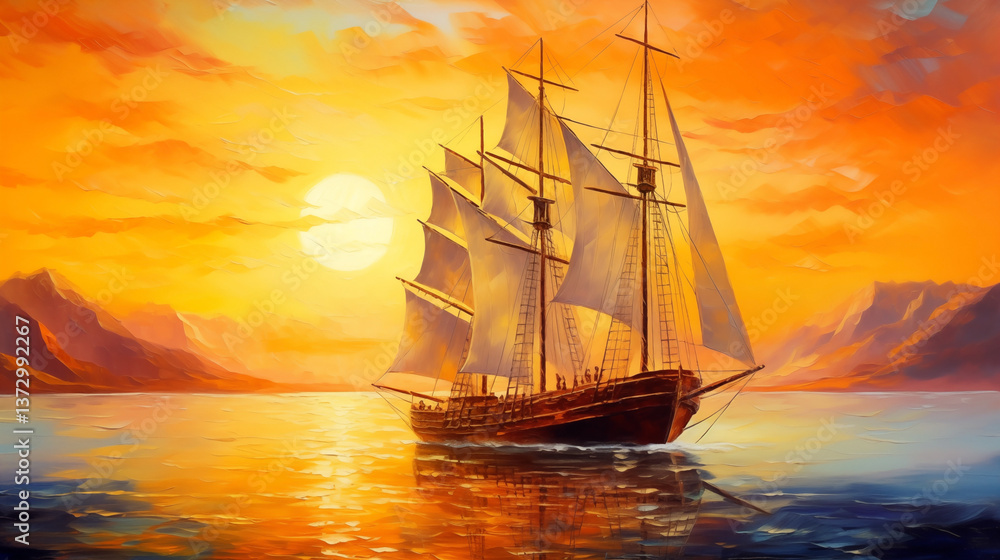 Obraz premium Sailing into a vibrant sunset on tranquil waters with majestic mountains in the background