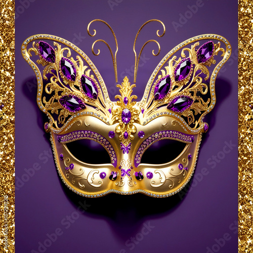 A purple and gold mask featuring intricate gold accents, showcasing an elegant and artistic design