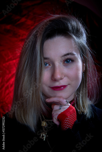 Wallpaper Mural Beautiful portrait of a young girl on a black and red background Torontodigital.ca